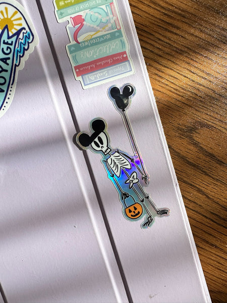 Funny Disney Halloween Skeleton Sticker Mickey Ears Holographic Skeleton Disney Halloween Sticker for laptops, journals, kindle, phone case