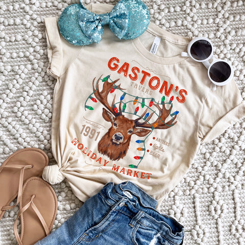 Gaston's Tavern Christmas T-Shirt Holiday Market Antlers Beauty and the Beast Christmas T-Shirt