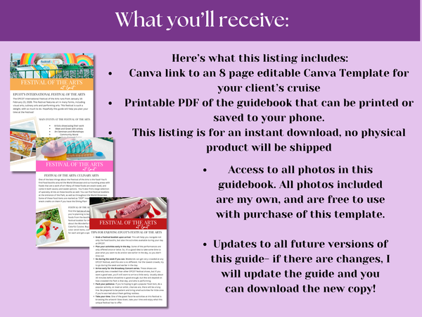 EPCOT Festival of the Arts Guide, 8-page Travel Agent Editable Canva Template + Downloadable PDF