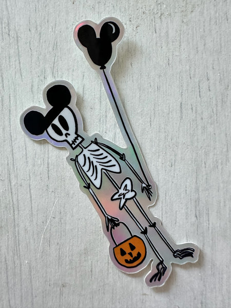 Funny Disney Halloween Skeleton Sticker Mickey Ears Holographic Skeleton Disney Halloween Sticker for laptops, journals, kindle, phone case