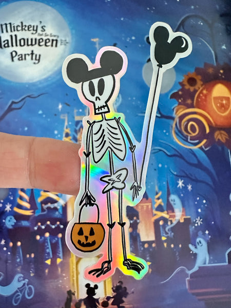 Funny Disney Halloween Skeleton Sticker Mickey Ears Holographic Skeleton Disney Halloween Sticker for laptops, journals, kindle, phone case