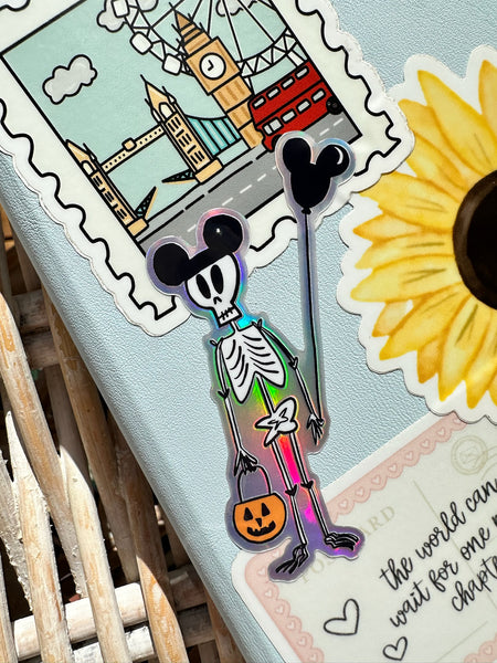 Funny Disney Halloween Skeleton Sticker Mickey Ears Holographic Skeleton Disney Halloween Sticker for laptops, journals, kindle, phone case