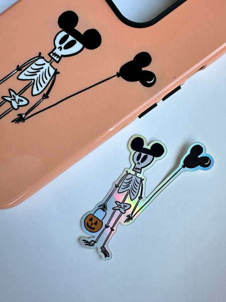 Funny Disney Halloween Skeleton Sticker Mickey Ears Holographic Skeleton Disney Halloween Sticker for laptops, journals, kindle, phone case