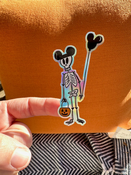 Funny Disney Halloween Skeleton Sticker Mickey Ears Holographic Skeleton Disney Halloween Sticker for laptops, journals, kindle, phone case