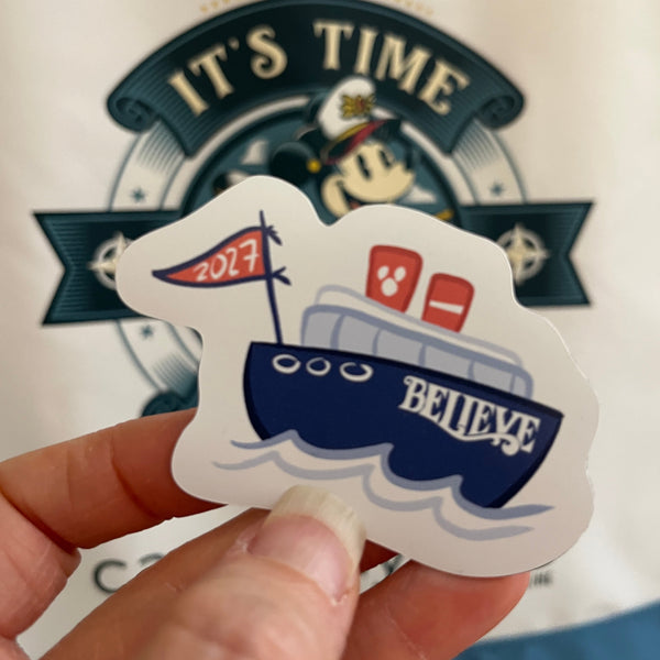 2027 Disney Cruise Boat Magnet with Flag Chubby Disney Ship with Mickey Funnel Magnet