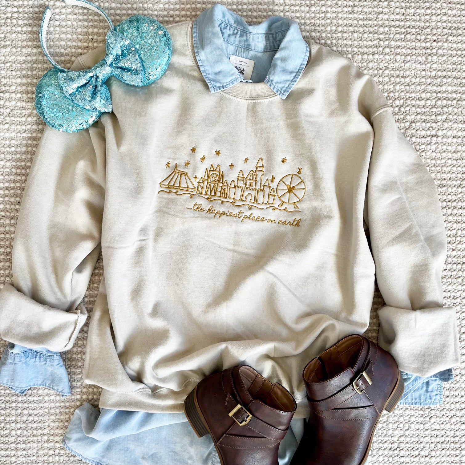 Disneyland EMBROIDERED Sweatshirt - READY TO SHIP-Sand- Medium
