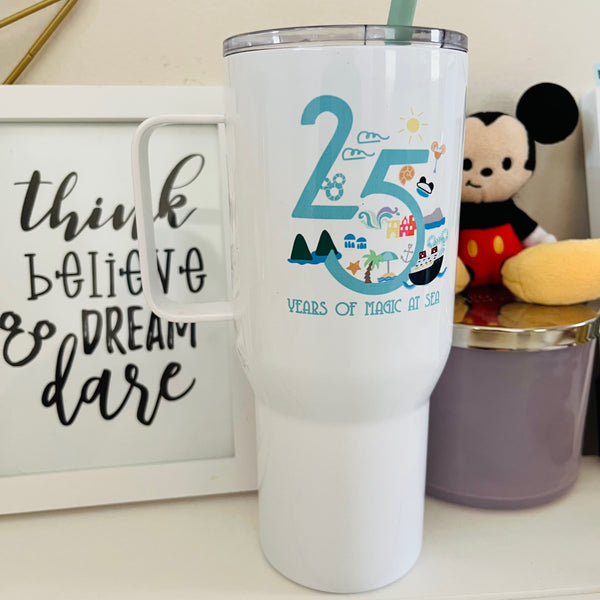 Disney Cruise Line Tumbler 25 year silver anniversary DCL Disney cruise Travel mug with a handle