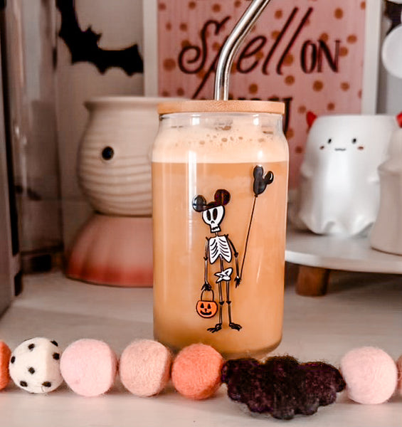 Funny Disney Halloween Skeleton Disney Coffee Cup with Mickey Balloon and Trick or Treat Pumpkin Can-shaped glass