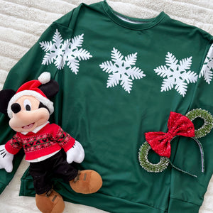 Mickey and Minnie Christmas Sweater All Over Print Shirt Disney Christmas Outfit Snowflake Green Long Sleeve