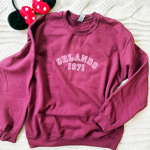 Disney College Sweatshirt 1971 WDW Orlando EMBROIDERED Disney University Sweatshirt - Pink