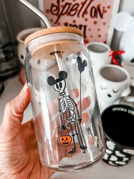 Funny Disney Halloween Skeleton Disney Coffee Cup with Mickey Balloon and Trick or Treat Pumpkin Can-shaped glass