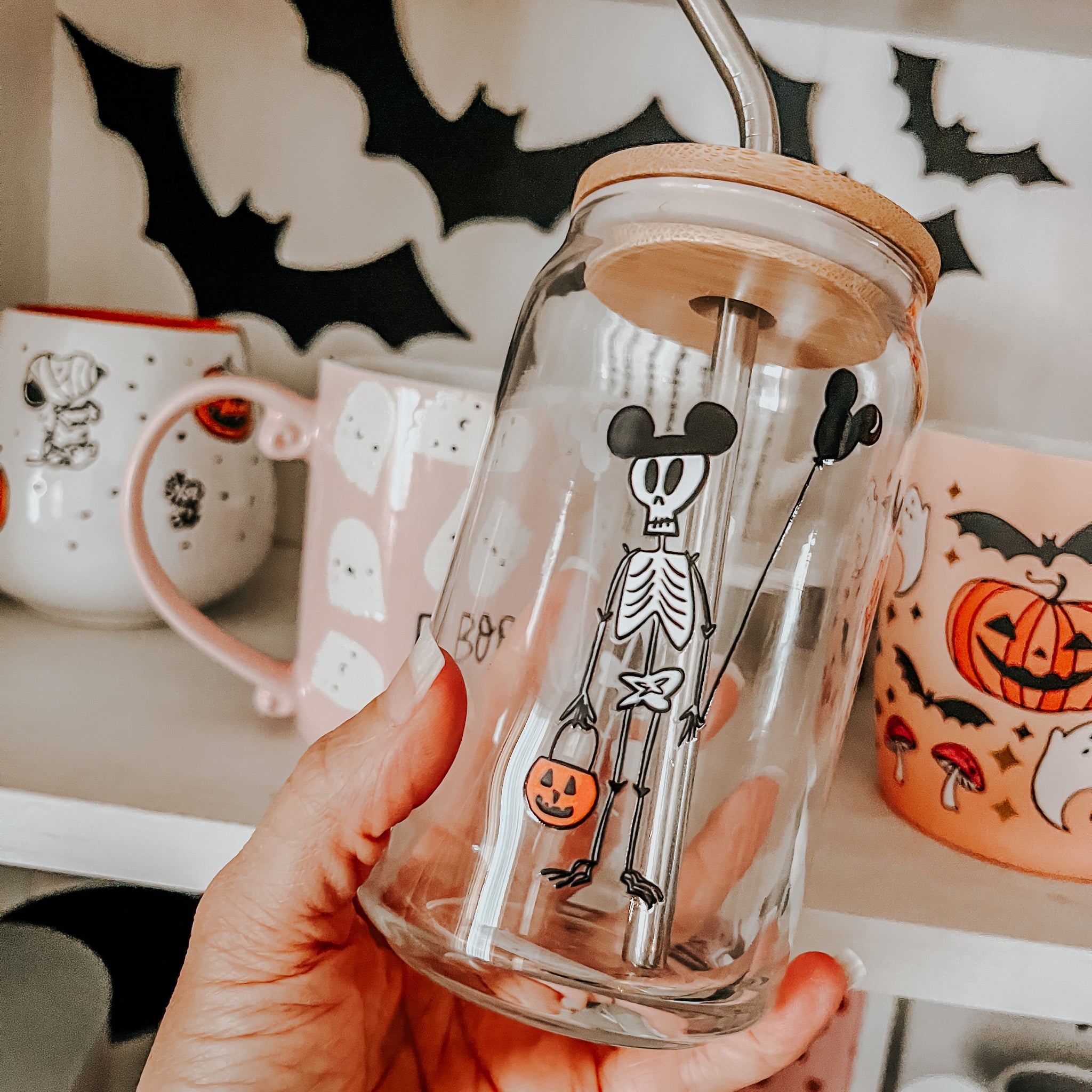 Funny Disney Halloween Skeleton Disney Coffee Cup with Mickey Balloon and Trick or Treat Pumpkin Can-shaped glass