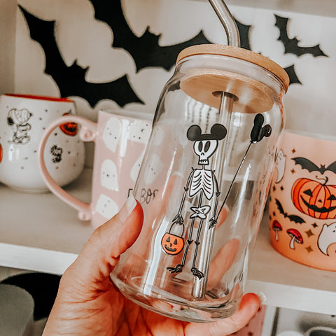 Funny Disney Halloween Skeleton Disney Coffee Cup with Mickey Balloon and Trick or Treat Pumpkin Can-shaped glass