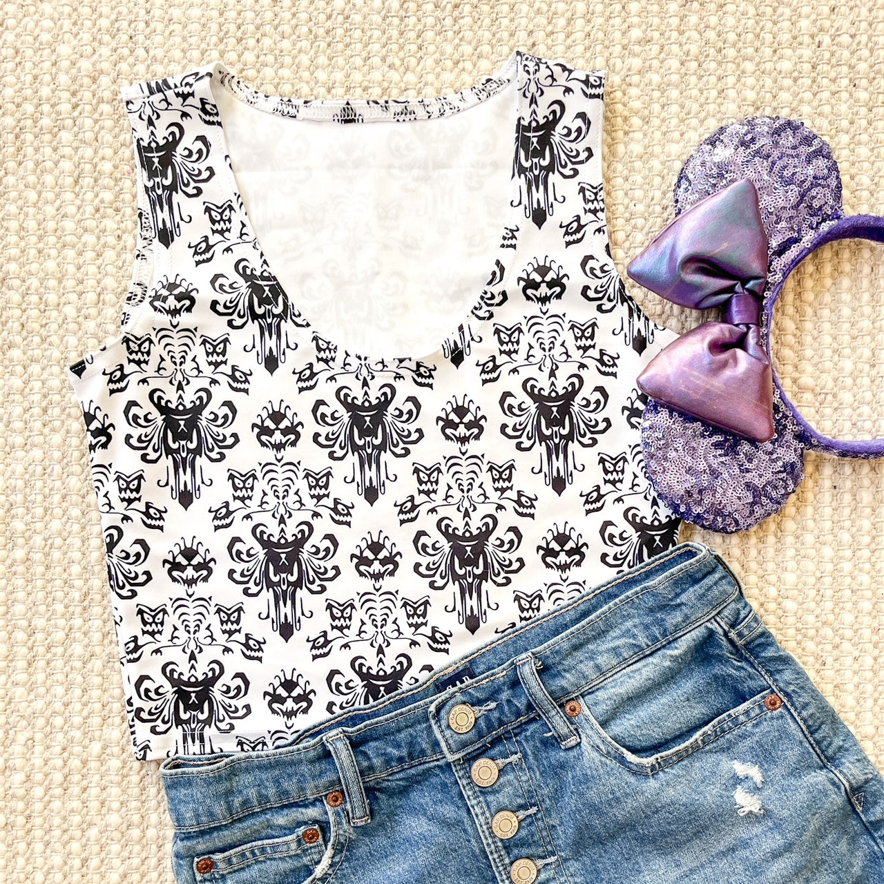 Haunted Mansion Crop Top - READY TO SHIP-White HM Wallpaper- Small