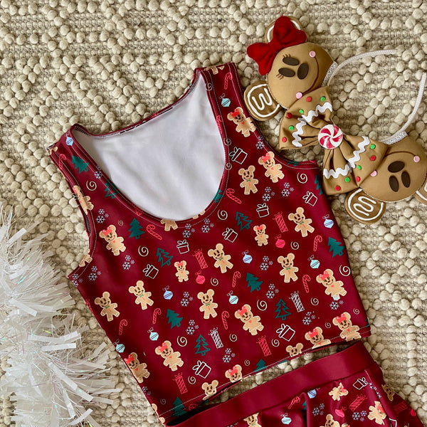 Gingerbread Mickey and Minnie Christmas Crop Top Gingerbread Disney Holiday Crop Top- Maroon