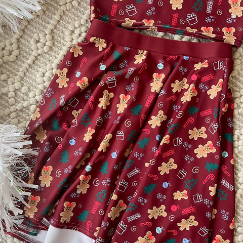 Gingerbread Mickey and Minnie Christmas Skirt-READY TO SHIP-Maroon-MEDIUM