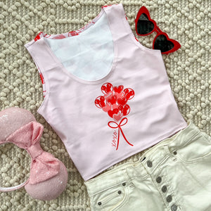 Disney Valentine's Crop Top Heart Balloons and Mickey with a Bow XOXO Love Disney Crop Top