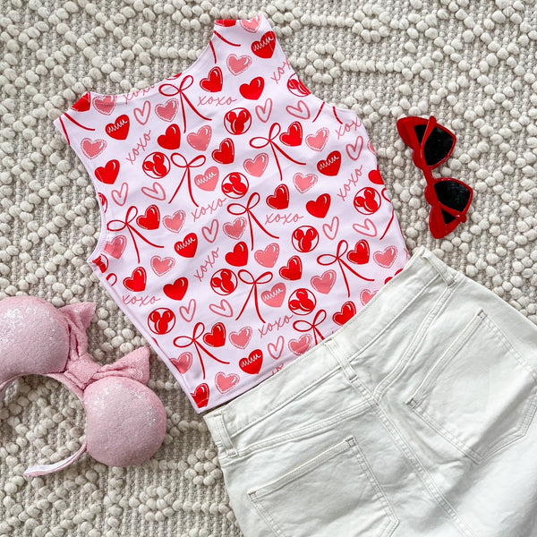 Disney Valentine's Crop Top Heart Balloons and Mickey with a Bow XOXO Love Disney Crop Top