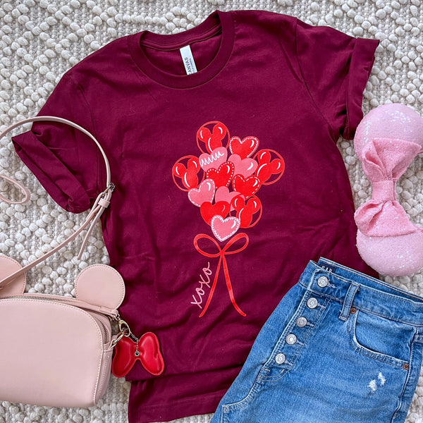 Disney Valentine's T-Shirt Heart Balloons and Mickey with a Bow XOXO Love Disney T-shirt