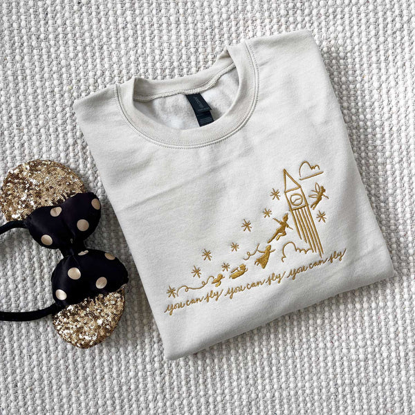 Peter Pan Sweatshirt EMBROIDERED You Can Fly Shirt Peter and Tink Big Ben Clock Sweatshirt