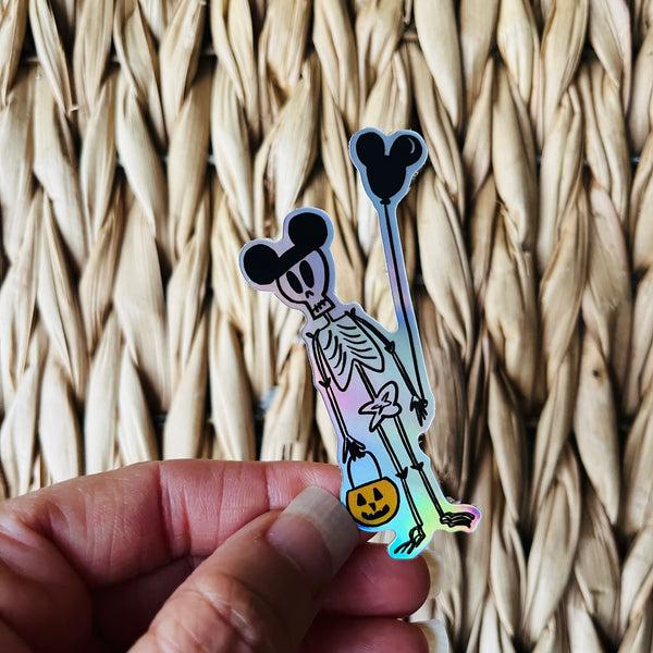 Funny Disney Halloween Skeleton Sticker Mickey Ears Holographic Skeleton Disney Halloween Sticker for laptops, journals, kindle, phone case