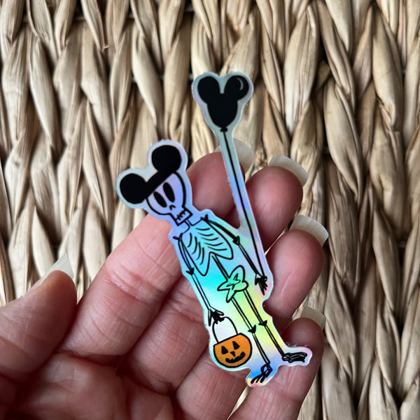 Funny Disney Halloween Skeleton Sticker Mickey Ears Holographic Skeleton Disney Halloween Sticker for laptops, journals, kindle, phone case