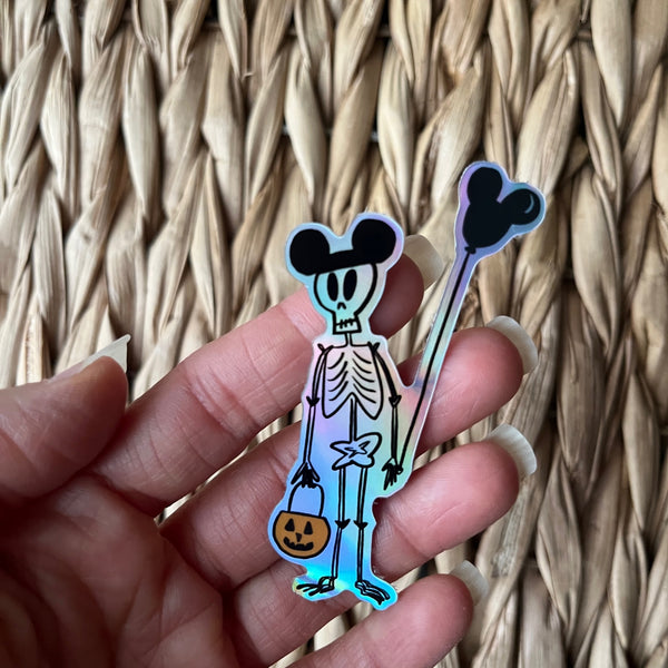 Funny Disney Halloween Skeleton Sticker Mickey Ears Holographic Skeleton Disney Halloween Sticker for laptops, journals, kindle, phone case
