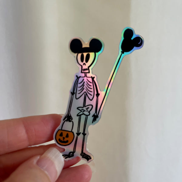 Funny Disney Halloween Skeleton Sticker Mickey Ears Holographic Skeleton Disney Halloween Sticker for laptops, journals, kindle, phone case
