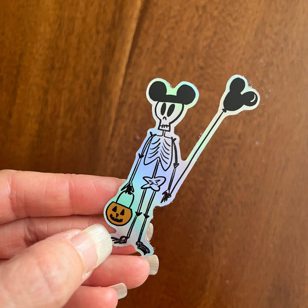 Funny Disney Halloween Skeleton Sticker Mickey Ears Holographic Skeleton Disney Halloween Sticker for laptops, journals, kindle, phone case