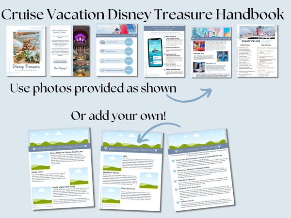 Disney Treasure Cruise Handbook, DCL guidebook, Travel Agent Cruise Canva Template and Downloadable PDF guide, Canva Cruise Guide, DCL packing list