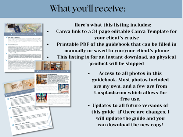Disney Treasure Cruise Handbook, DCL guidebook, Travel Agent Cruise Canva Template and Downloadable PDF guide, Canva Cruise Guide, DCL packing list