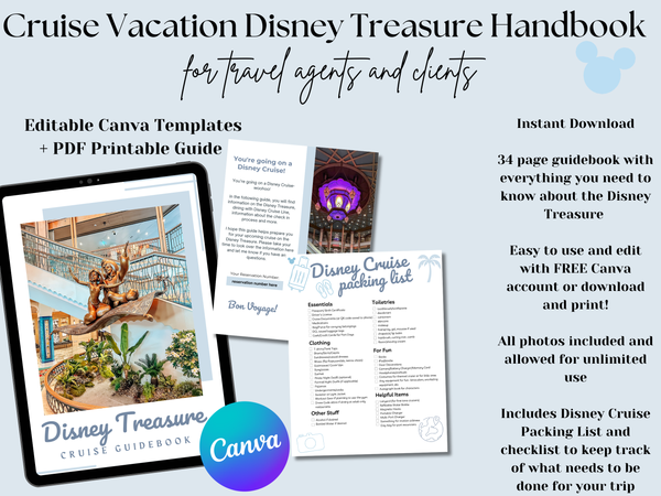 Disney Treasure Cruise Handbook, DCL guidebook, Travel Agent Cruise Canva Template and Downloadable PDF guide, Canva Cruise Guide, DCL packing list