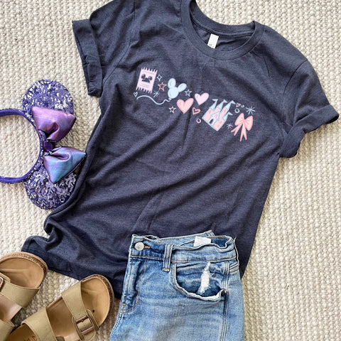 Magical Disney Castle T-Shirt Bows Mickey Balloon and Hearts Pretty Disney T-Shirt