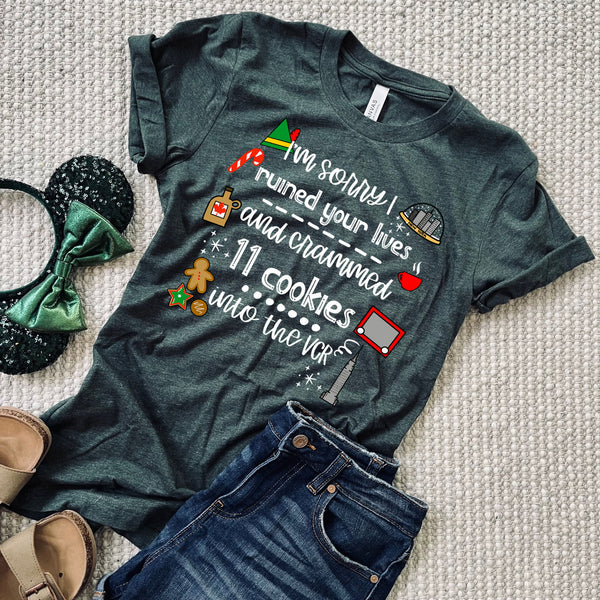 Funny Elf Movie T-Shirt - I'm Sorry I Ruined Your Lives Cookies in the VCR Christmas Movie Tee
