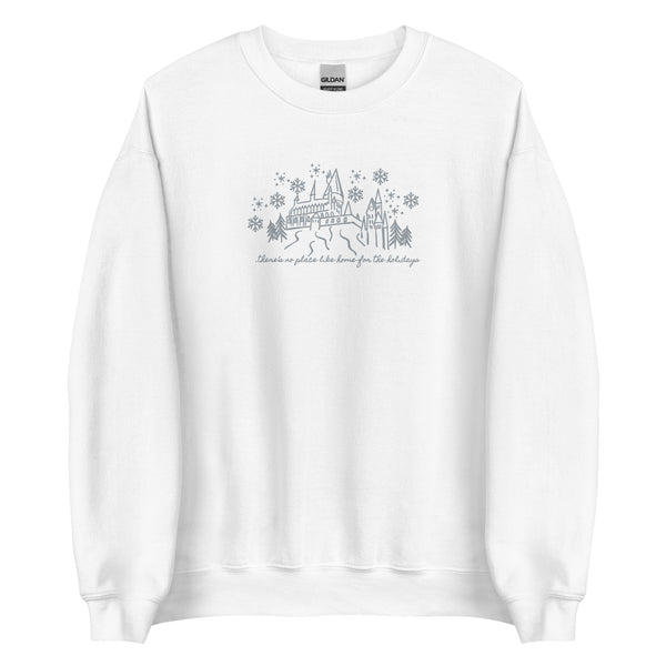 Home for the Holidays EMBROIDERED Sweatshirt Magical Christmas Castle Holiday Snowfall Embroidered Sweatshirt