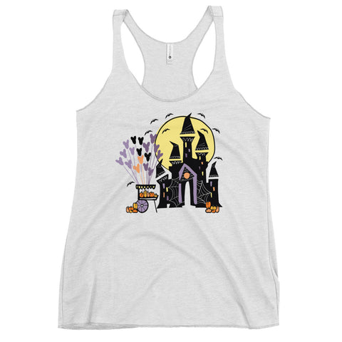 Disney World Halloween Castle Tank Top with Pumpkin Cart and Balloons Disney Halloween Women's Racerback Tank