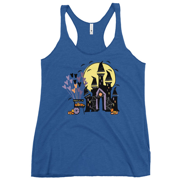 Disney World Halloween Castle Tank Top with Pumpkin Cart and Balloons Disney Halloween Women's Racerback Tank