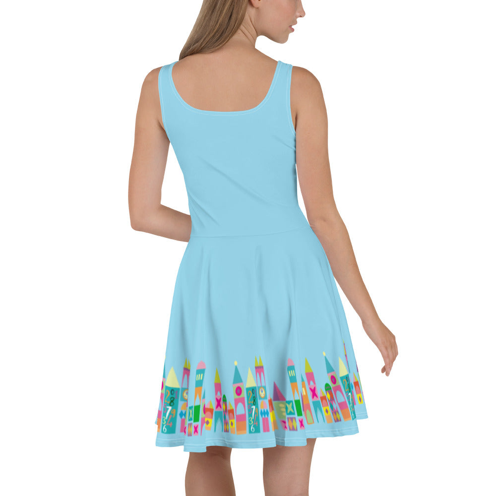 Small World Disney Dress Walt Disney World Disneyland Blue Skater Dress M