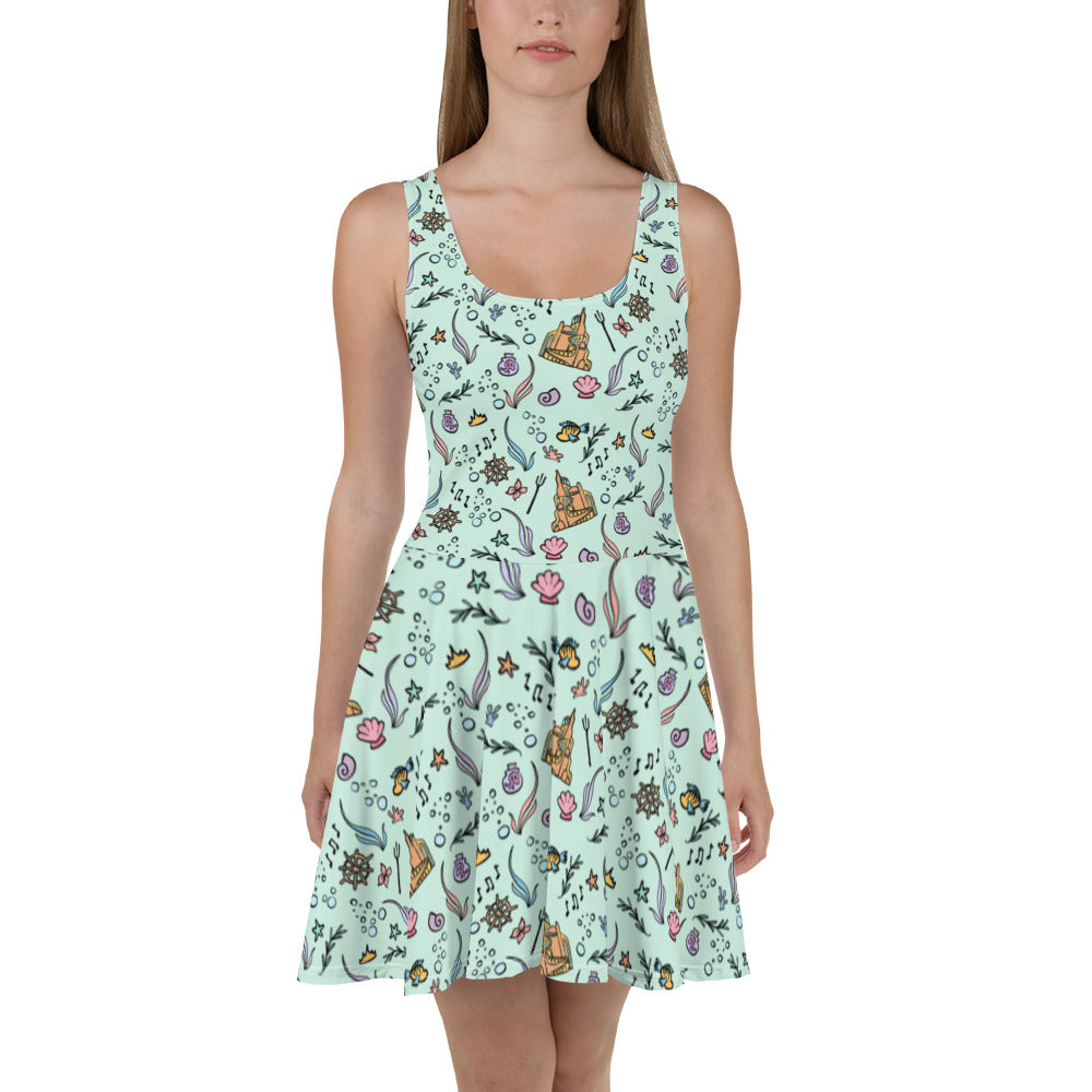 Little Mermaid Dress Disney Mermaid Castle Flounder Seashell Skater Dress XS Little Mermaid Dress Disney Mermaid Castle Flounder Seashell Skater Dress XS