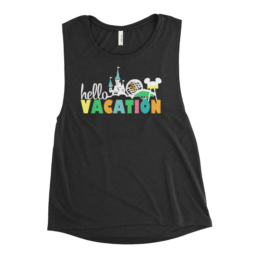 Hello Vacation Four Parks Walt Disney World Family Ladies’ Muscle Tank