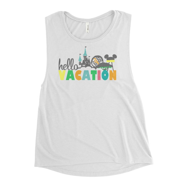 Hello Vacation Four Parks Walt Disney World Family Ladies’ Muscle Tank
