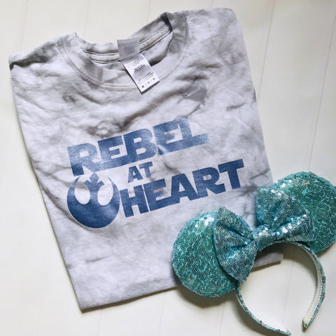 Star Wars Tie Dye Rebel at Heart READY TO SHIP T-Shirt Blue Shimmer Crystal Wash Tee- MEDIUM