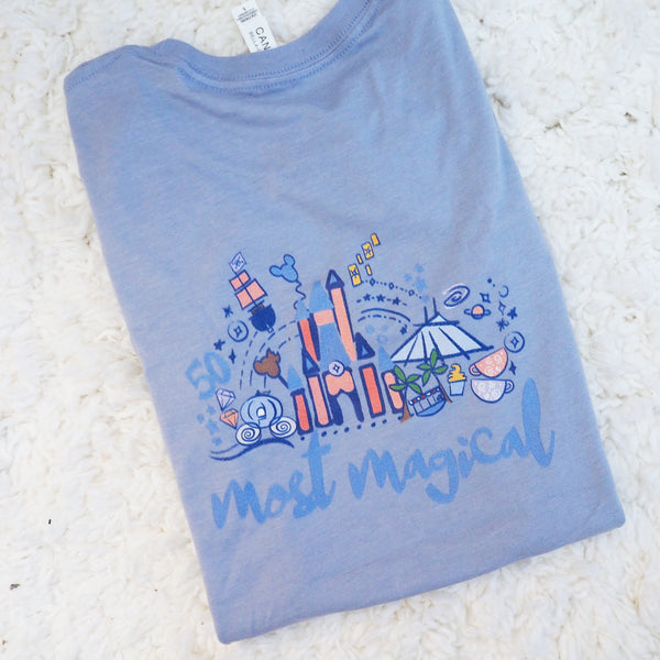 Magic Kingdom 50th Anniversary T-Shirt Two-Sided READY TO SHIP-Heather Blue-SMALL
