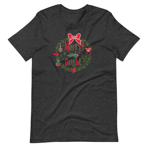 Merry and Bright T-shirt Disney Christmas Mickey Wreath Short-Sleeve Unisex T-Shirt