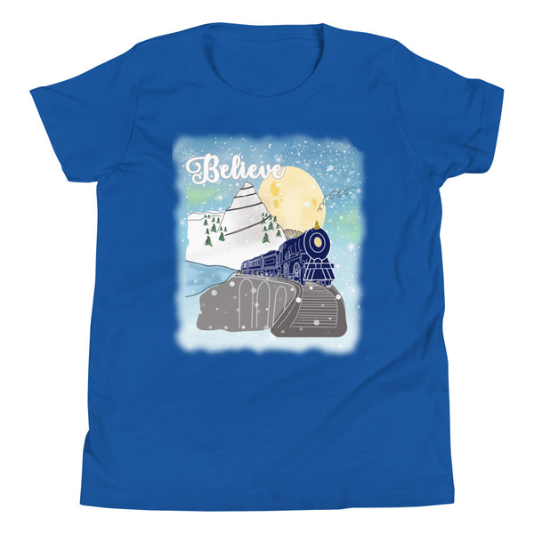 Believe Polar Express Kids Train Winter Mountain Christmas Movie Youth Short Sleeve T-Shirt