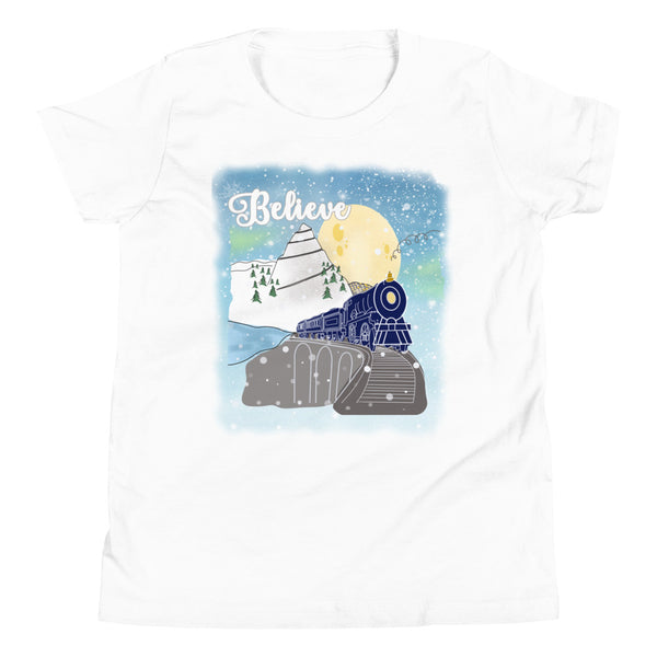 Believe Polar Express Kids Train Winter Mountain Christmas Movie Youth Short Sleeve T-Shirt